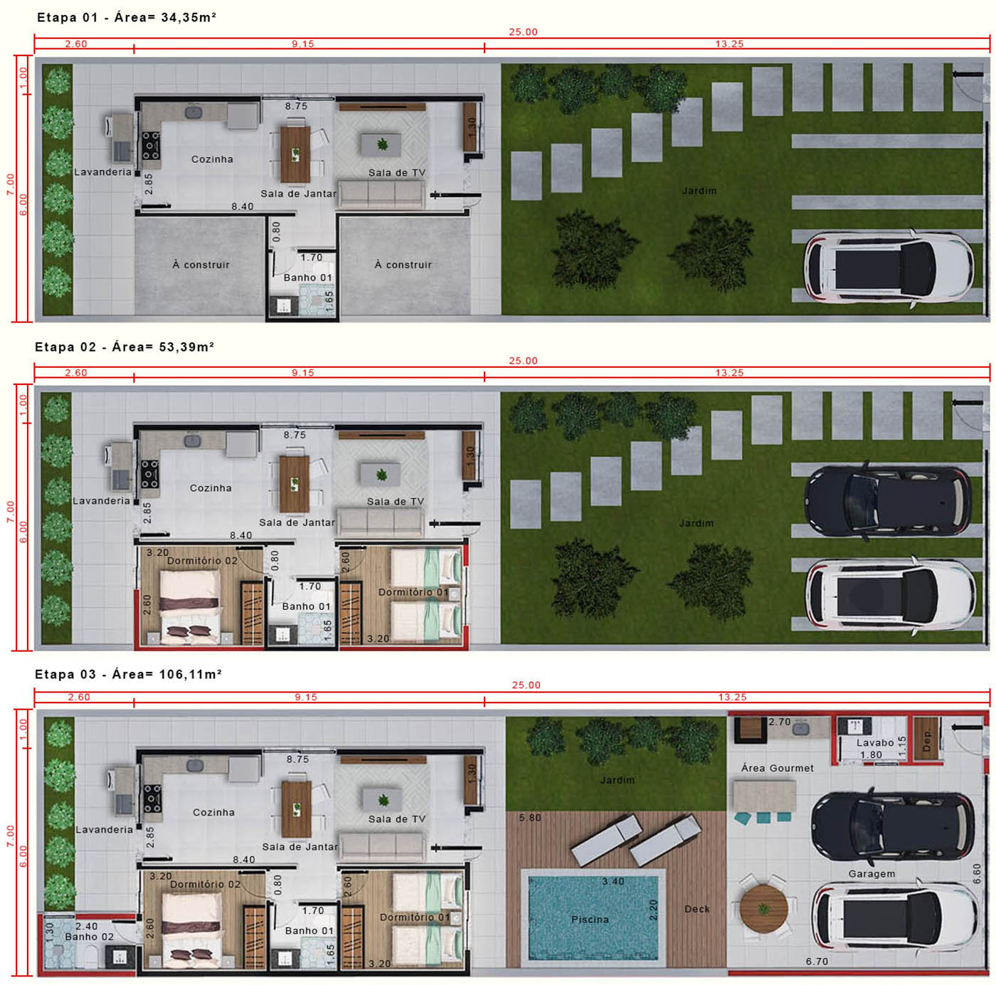Projeto Minha Casa Minha Vida em 3 etapas. Planta para terreno 7x25