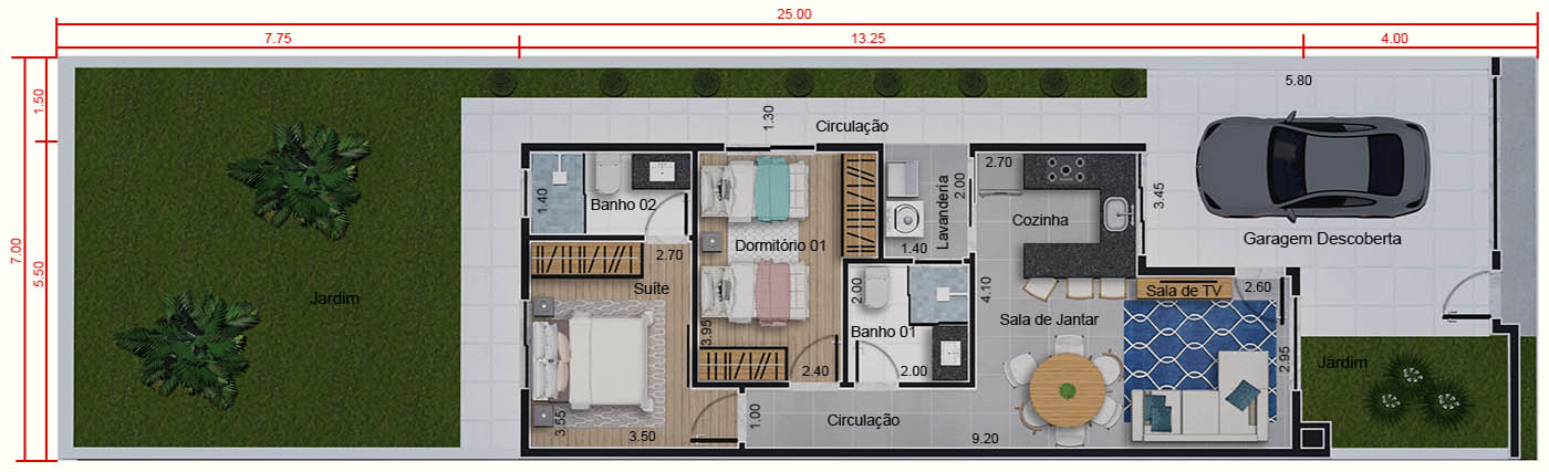 Casa com 67m² e suíte . Planta para terreno 7x25