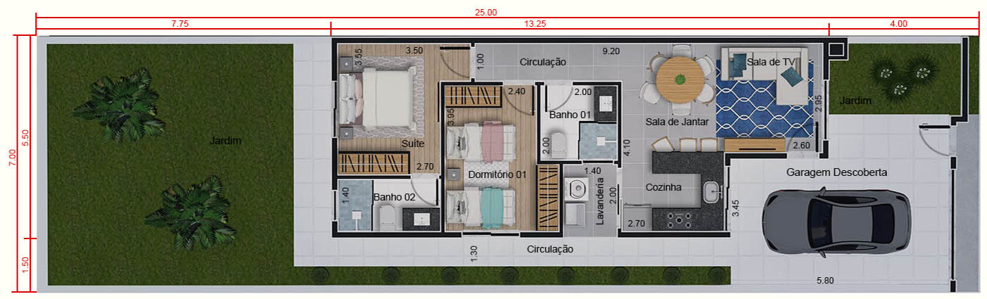 Casa com 67m² e suíte . Planta para terreno 7x25