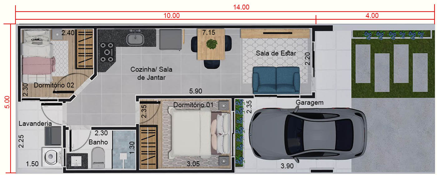 Planta de casa térrea com 50m². Planta para terreno 5x14