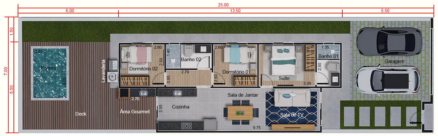 Planta de 65m² com 3 quartos. Planta para terreno 7x25