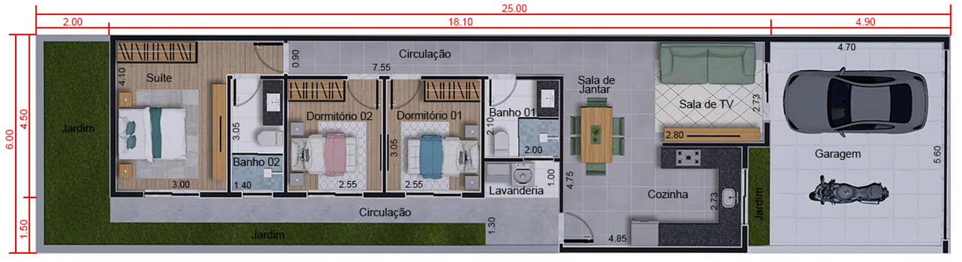 Planta de 100m² com suíte. Planta para terreno 6x25