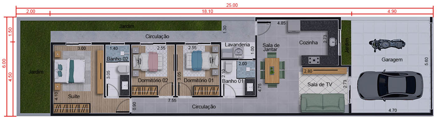 Projeto de 100m² com suíte . Planta para terreno 5x25