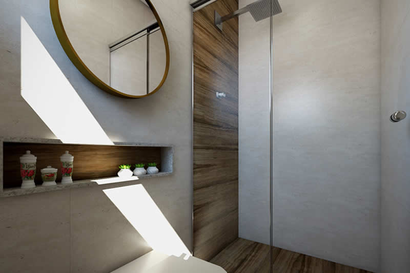 Banheiro externo com madeira